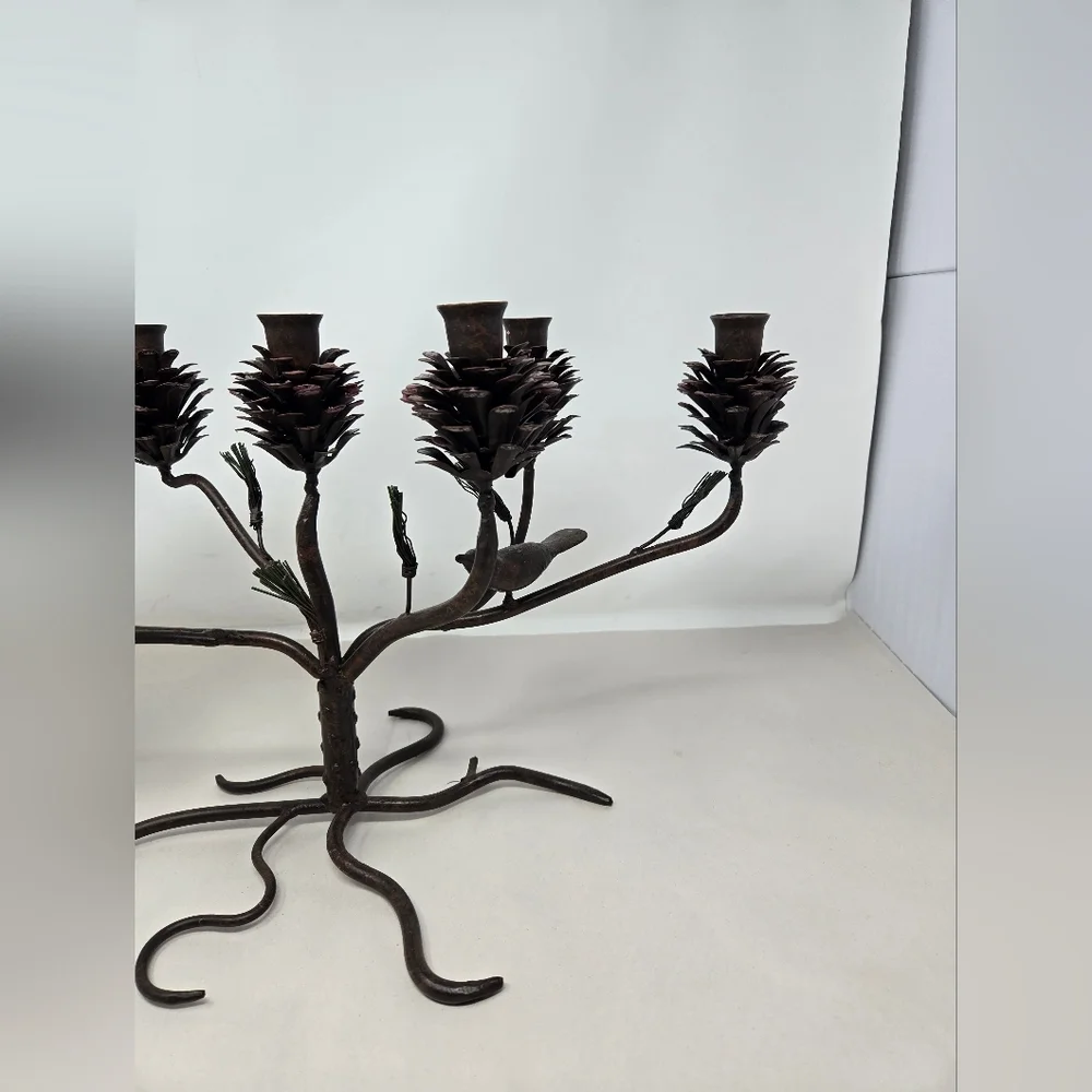 Vintage Metal Candleabra Pinecone Metal Pine Needles Bird Holiday Table Decor